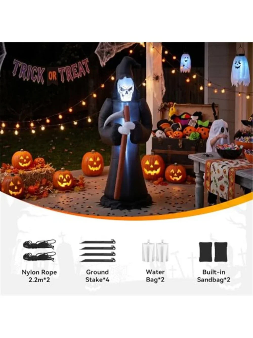8FT Black Grim Reaper Halloween Outdoor Inflatables with Scythe